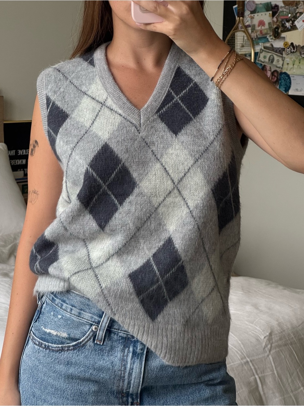 Vintage Grey Argyle V-Neck Sleeveless Knit Tank